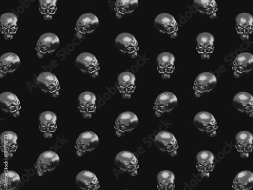 Pattern of metallic skulls horror Halloween or heavy metal background 3D illustration.