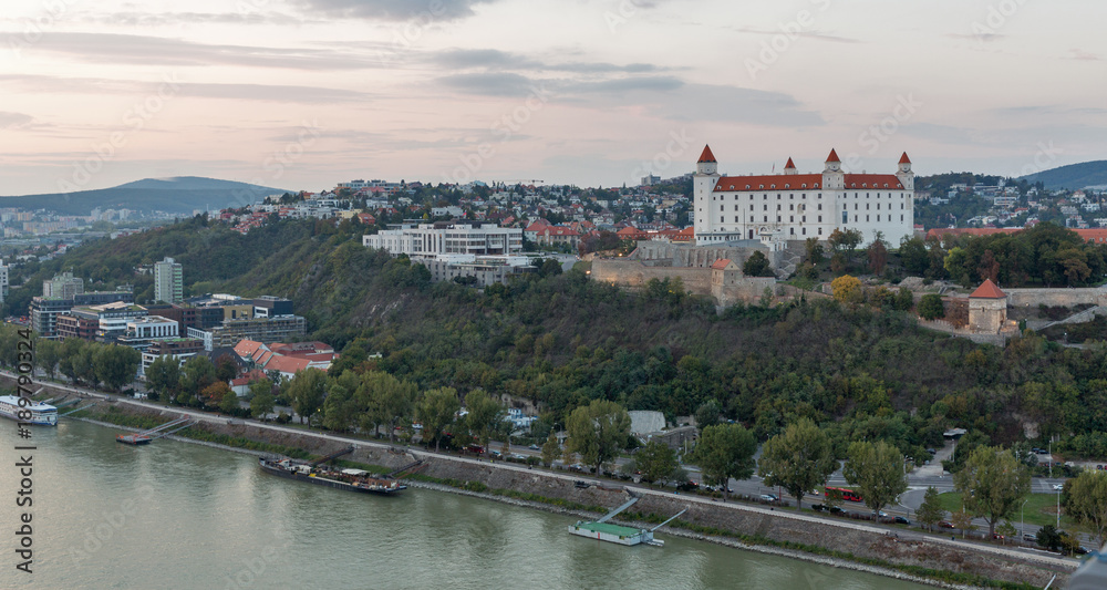 Bratislava Castle landscape at sunset, Slovakia.