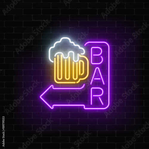 Glowing neon beer bar signboard with arrow on dark brick wall background. Luminous advertising sign