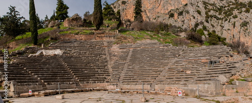 Ancient theatre in Delphi, an archaeological site in Greece, at the Mount Parnassus. Delphi is famous by the oracle at the sanctuary dedicated to Apollo. UNESCO World heritage