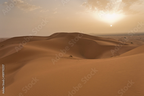 Sunrise over sand dunes in Erg Chebbi   Sahara desert  Morocco  Africa