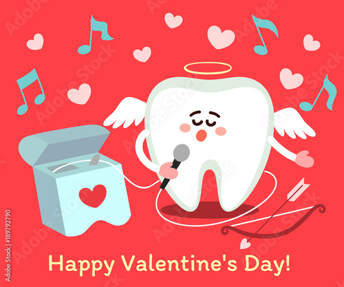 Singing cartoon tooth in the role of a Сupid with dental floss. Happy Valentine's Day! Greeting card from dentistry, poster with wishes.