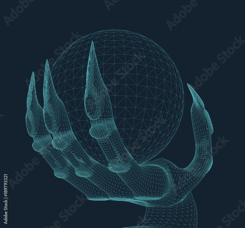 hand of a monster holding a magic orb illustrated in 3D hologram wire frame style