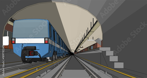 train in a metro station seen from the tunnel underground