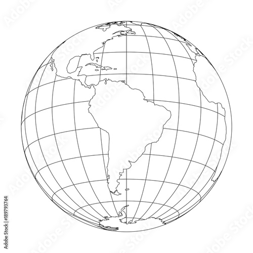 Outline Earth globe with map of World focused on South America. Vector illustration.