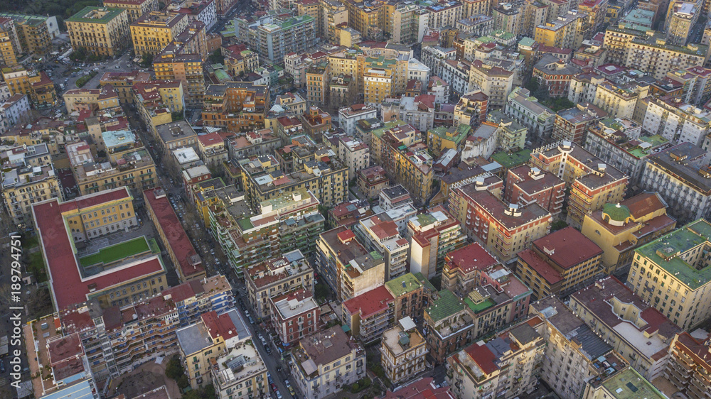 Aerial view of the hill and residential district of Vomero in Naples, Italy. Many are the buildings built in the narrow streets of the city.
