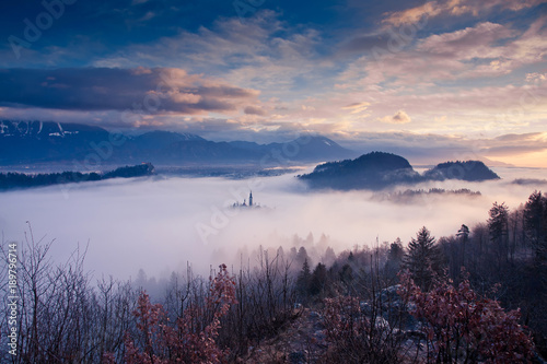 amazing sunrise at lake Bled from Ojstrica viewpoint, Slovenia, Europe - travel background