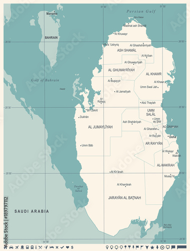 Qatar Map - Vintage Detailed Vector Illustration