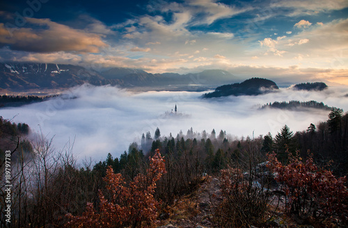 amazing sunrise at lake Bled from Ojstrica viewpoint, Slovenia, Europe - travel background