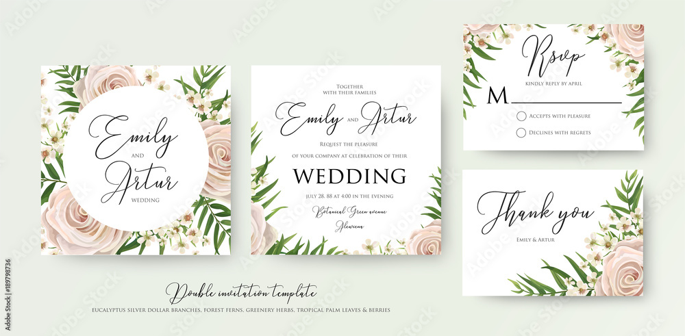 Wedding floral watercolor style double invite, rsvp, thank you card design with pink, creamy white garden rose, wax flowers, green tropical palm tree leaves greenery frame. Vector elegant template set
