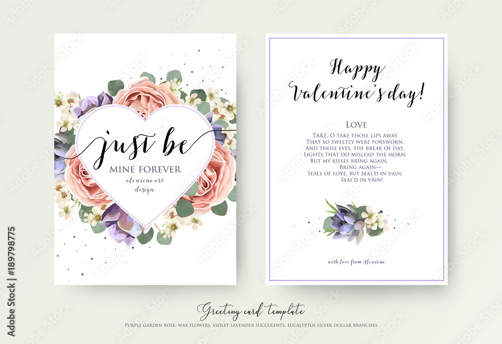 Vector floral card design with watercolor lavender garden pink rose,  violet succulents, eucalyptus branches and leaves. Lovely Valentine day greeting, invite, postcard. Heart shape frame & text space - obrazy, fototapety, plakaty 