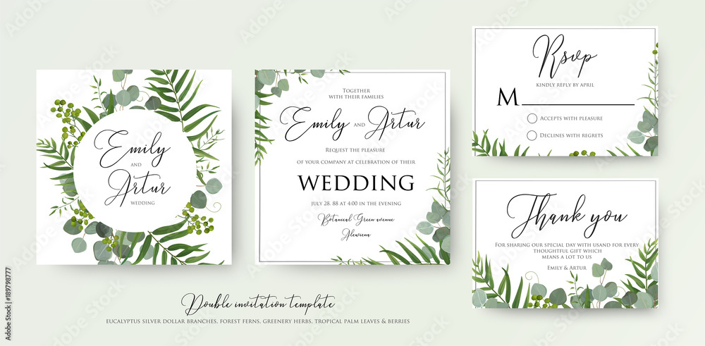 Wedding Invitation, floral invite, thank you, rsvp modern card Design: green tropical palm leaf greenery, eucalyptus branches, foliage decorative frame print. Vector elegant watercolor rustic template