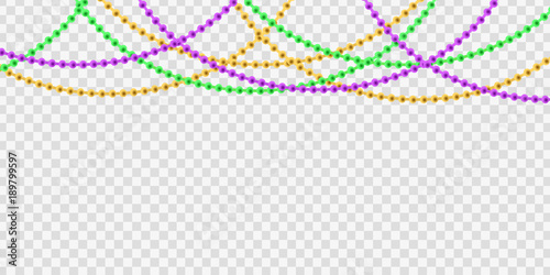 Vector realistic isolated beads for Mardi Gras for decoration and covering on the transparent background. Concept of Happy Mardi Gras.