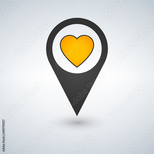 Pointer pin with yellow heart, web design element, favorite location concept, vector illustration.