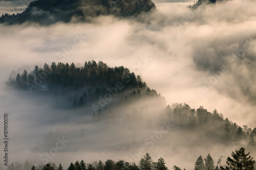 amazing sunrise at lake Bled from Ojstrica viewpoint, Slovenia, Europe - travel background