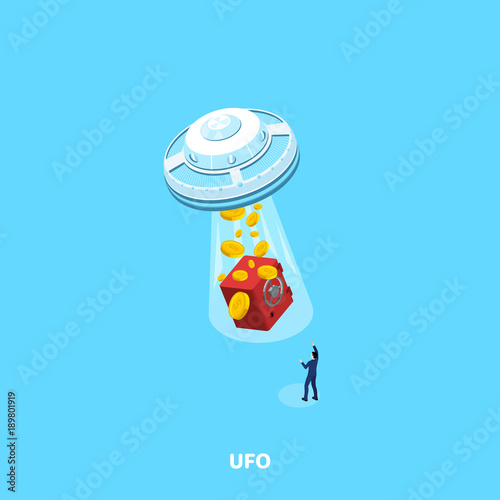 UFO takes all the money together with the safe in the man in a business suit, an isometric image