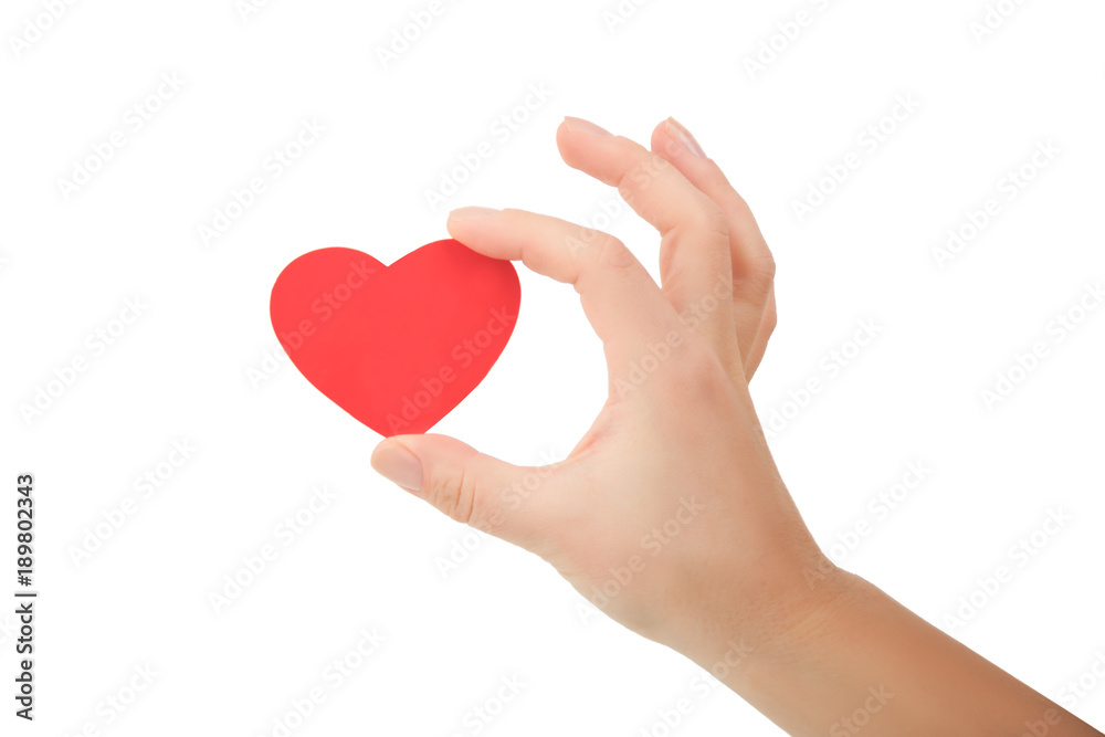 hand holding small bright red heart on white background hand holding small bright red heart on white background