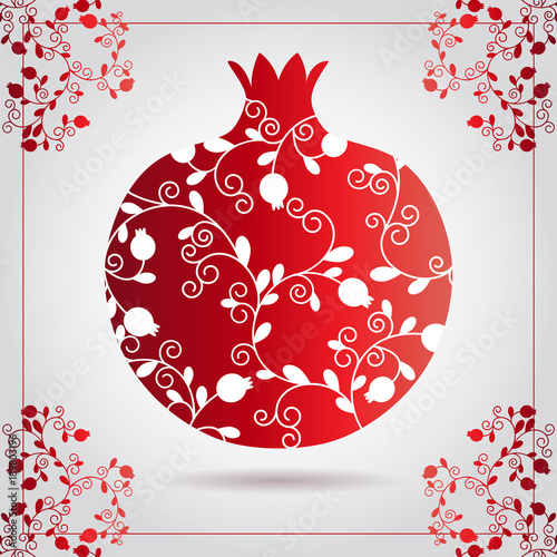 Decorative ornamental pomegranate made of swirl doodles for Rosh Hashanah greeting card, Jewish New Year. Rosh hashana, sukkot Jewish Holiday. Vector abstract illustration of fruit logo.