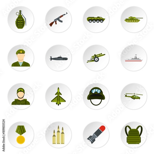 Military icons set, flat style