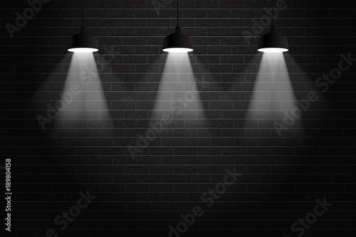 Vector realistic isolated black brick wall background with ceiling lamps for decoration and covering. Concept of spotlight and exhibition.