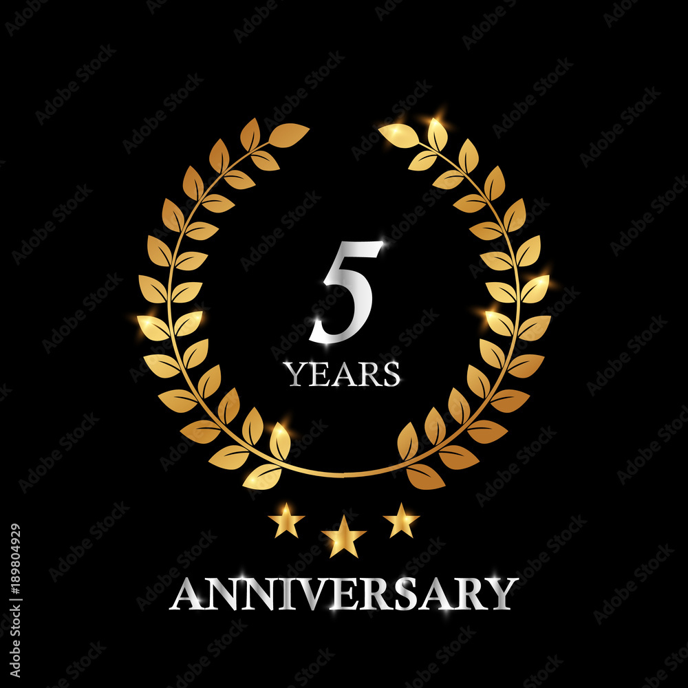 Fototapeta premium 5 years gold anniversary celebration simple logo, isolated on dark background