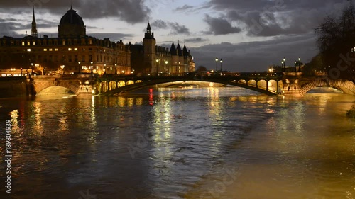 Night view of Paris flood as river Seine rises and approaches record level.
