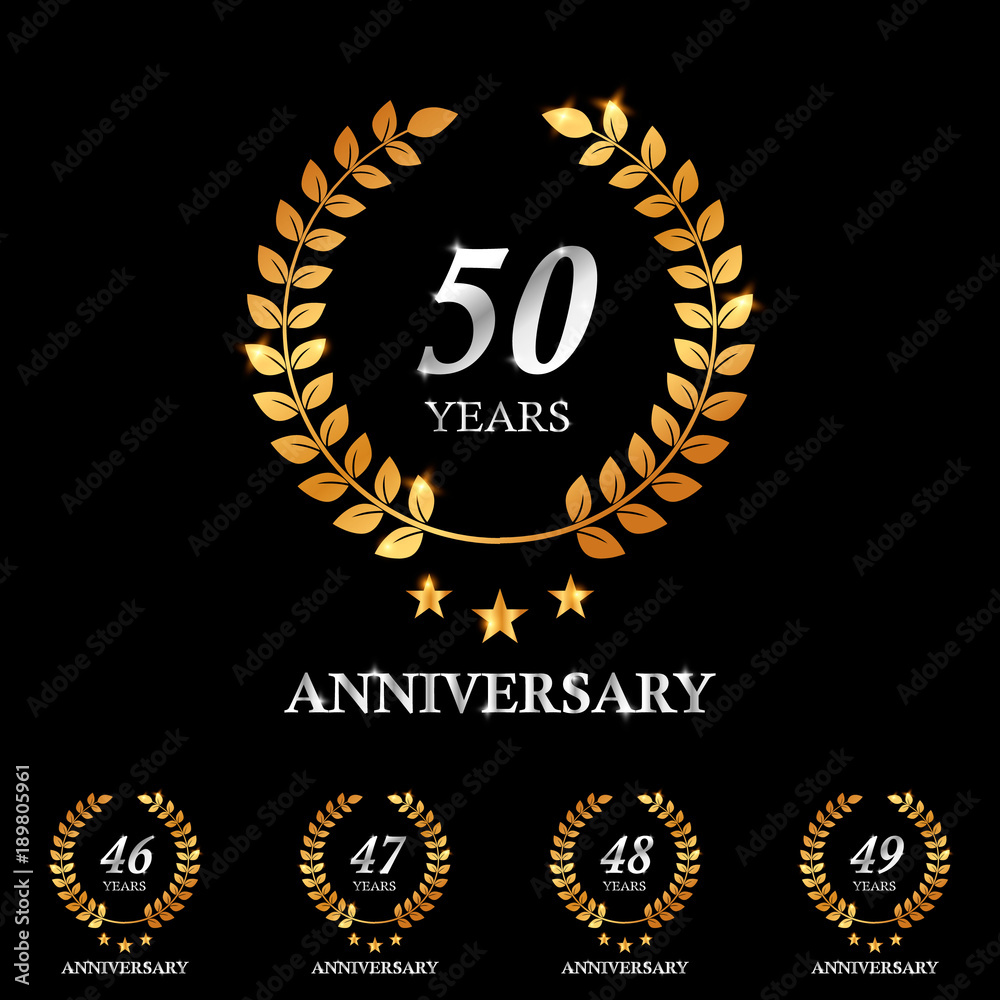 Fototapeta premium 46 , 47 , 48 , 49 , 50 years gold anniversary celebration simple logo, isolated on dark background