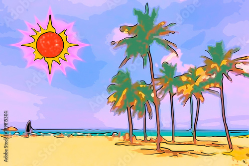 Photography Vacation on the beach with green palms, yellow sand, blue sky and red yellow sun