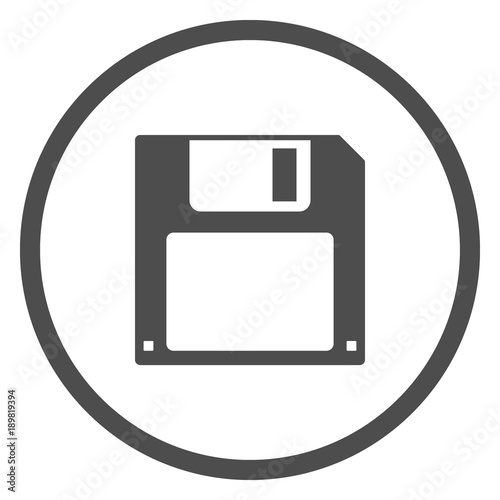 SAVE button sign. Front side of floppy disc in circle. Vector icon.