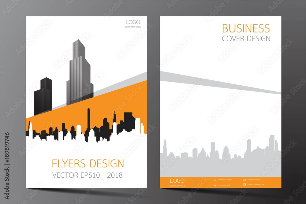 Business brochure flyer modern design. Cover book and magazine inspiration from buildings.Two sided orange and white on the gray background. Template A4 size vector illustration.