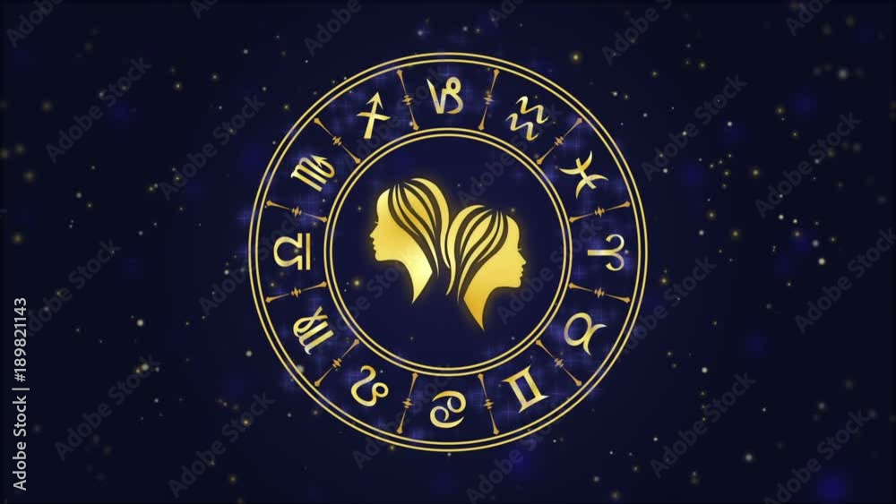 Zodiac sign Gemini and horoscope wheel on the dark blue background Zodiac sign Gemini and horoscope wheel on the dark blue background