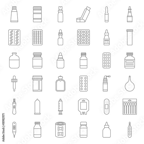 Pharmacy item, such as medicine, antibiotic, plaster, cough syrup, nasal spray, condom, dropper, cotton bud, syringe, painkiller, mouth spray, antiseptic cream, thin line icon pixel perfect