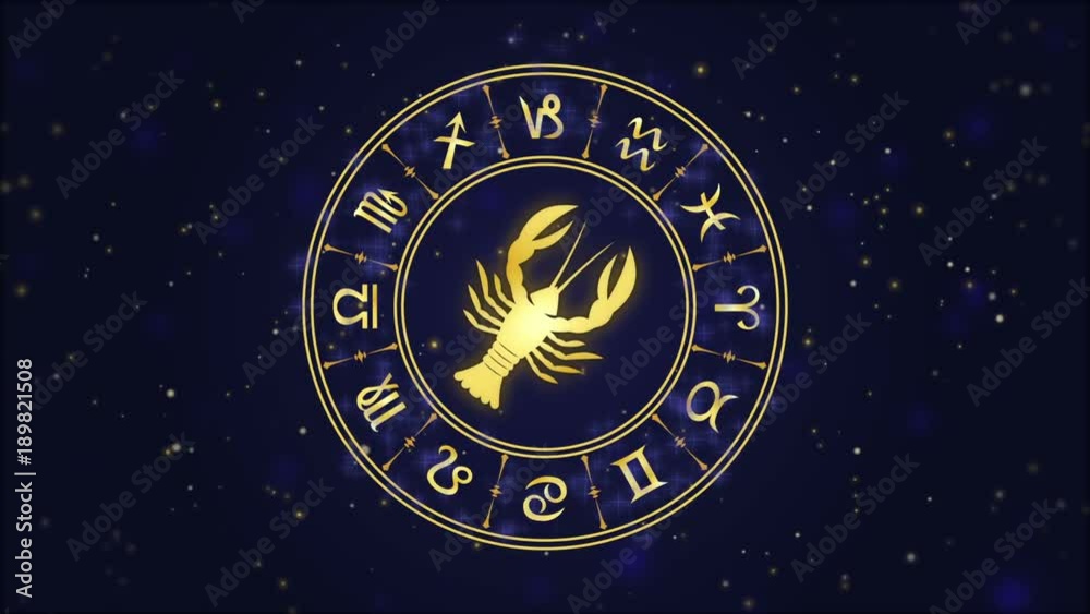 Zodiac sign Cancer and horoscope wheel on the dark blue background Zodiac sign Cancer and horoscope wheel on the dark blue background