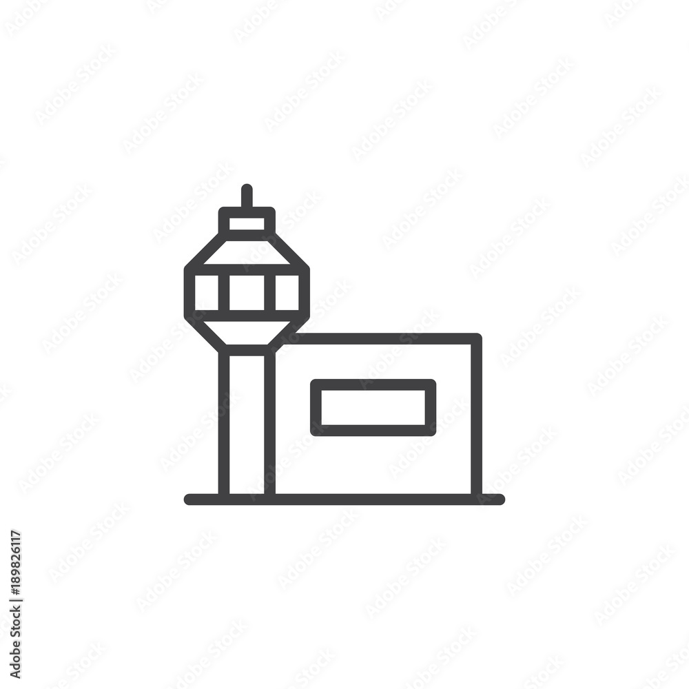 Airport line icon, outline vector sign, linear style pictogram isolated on white. Air traffic control tower symbol, logo illustration. Editable stroke Airport line icon, outline vector sign, linear style pictogram isolated on white. Air traffic control tower symbol, logo illustration. Editable stroke