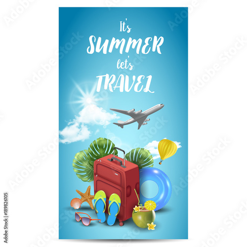 Realistic Summer Vacation Design for Travel with Summer Items. Travel quote. Badge. Vector Illustration