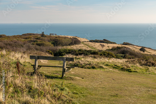 A bench with sea view, seen at Hastings Country Park in East Sussex, UK