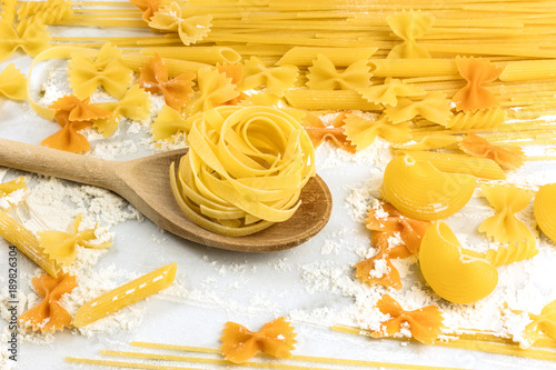 Pappardelle, penne, fusilli, and farfalle, and spaghetti pasta