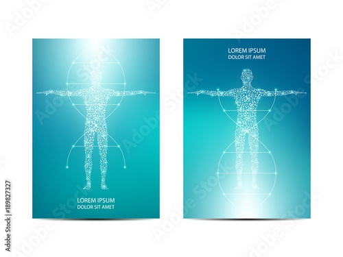 Cover or poster design with human body background. Scientific and technological concept. Vector illustration.