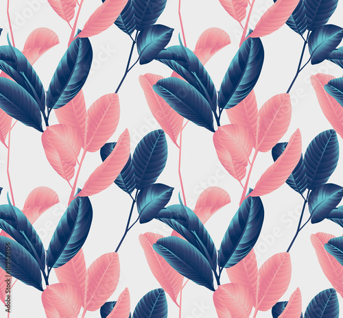 Seamless pattern, hand drawn blue and pink guava leaf on sprig on grey background