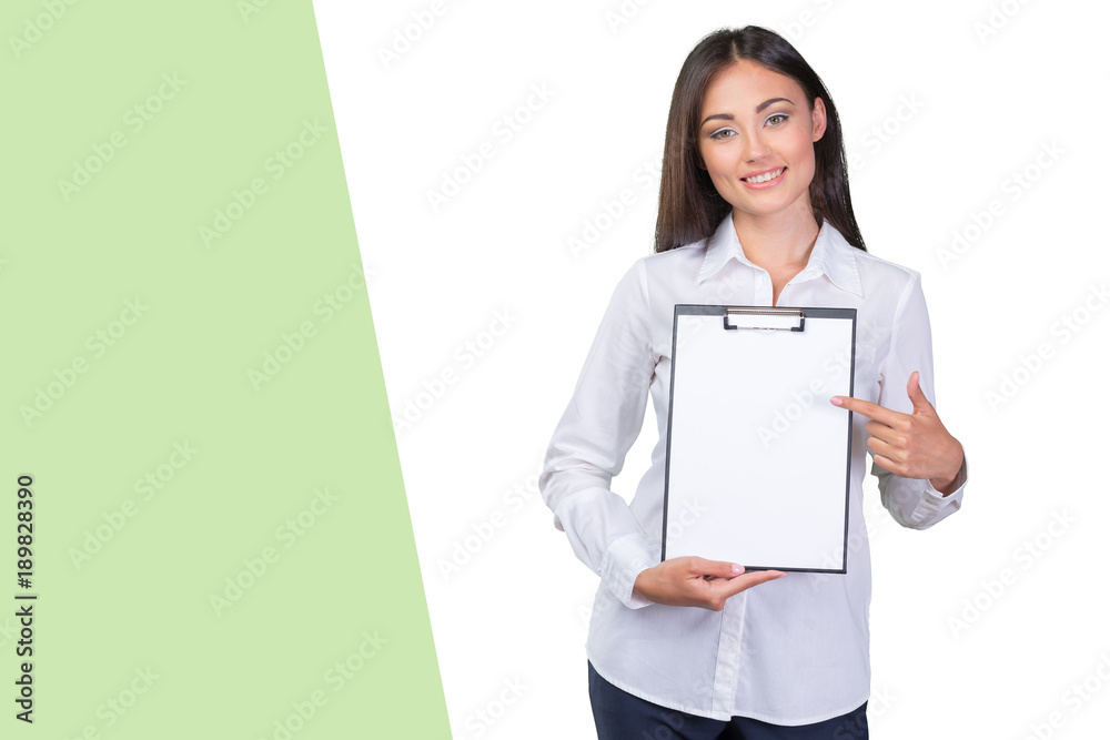 young business woman standing with her clipboard young business woman standing with her clipboard