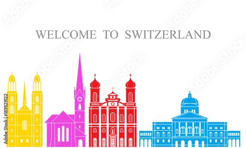 Switzerland set. Isolated Switzerland architecture on white background