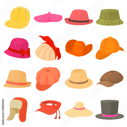Hat types icons set headdress, cartoon style