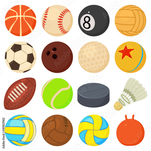 Sport balls icons set play types, cartoon style