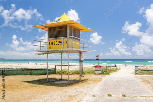 Yellow lifeguard tower at Kirra Beach on the Gold Coast, Queensland, Australia.