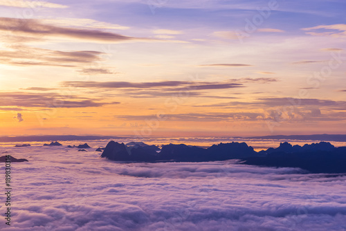 Sunrise and Sea of fog at pah nok ann at Phu Kradueng National Park , Loei Thailand