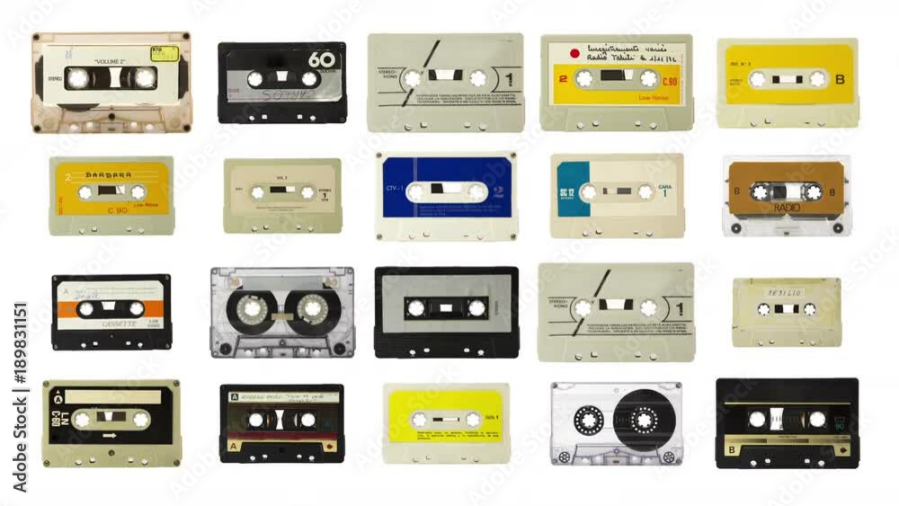 sequence of changing retro cassette music tapes made into a largefunky grid pattern