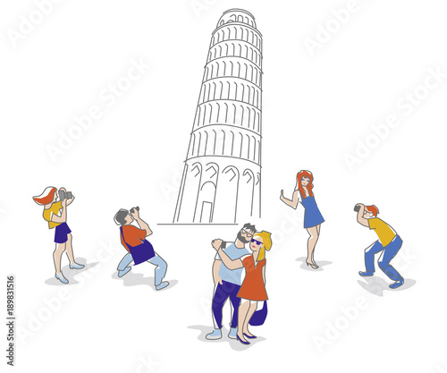 Vector Illustration of travelers at leaning Tower of Pisa taking a photo and selfie using camera and mobil.