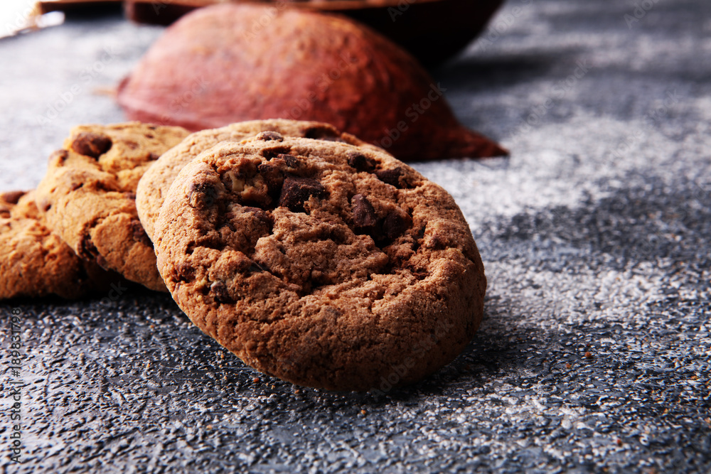 Fototapeta premium Chocolate cookies on grey table. Chocolate chip cookies shot