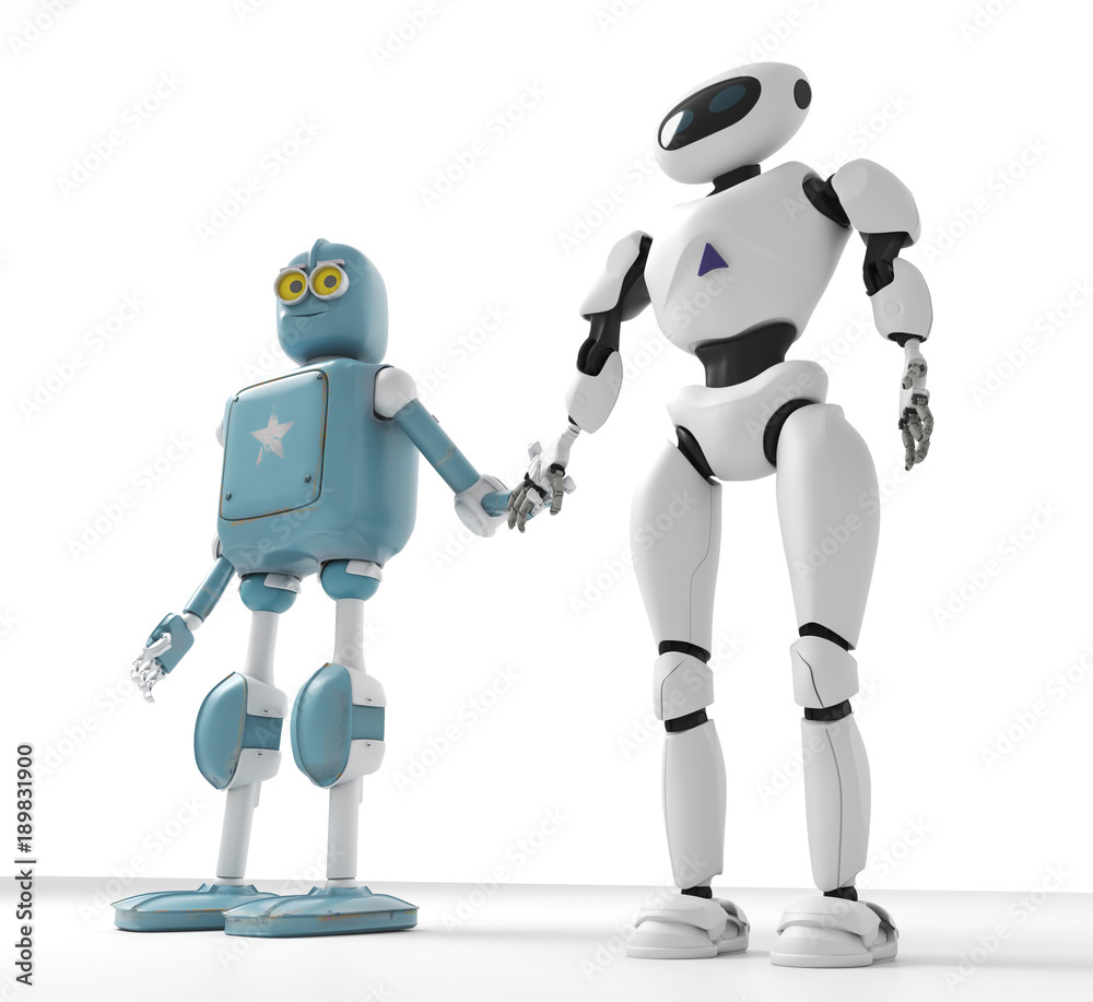 two generations of robots holding hands with an on-white background two generations of robots holding hands with an on-white background