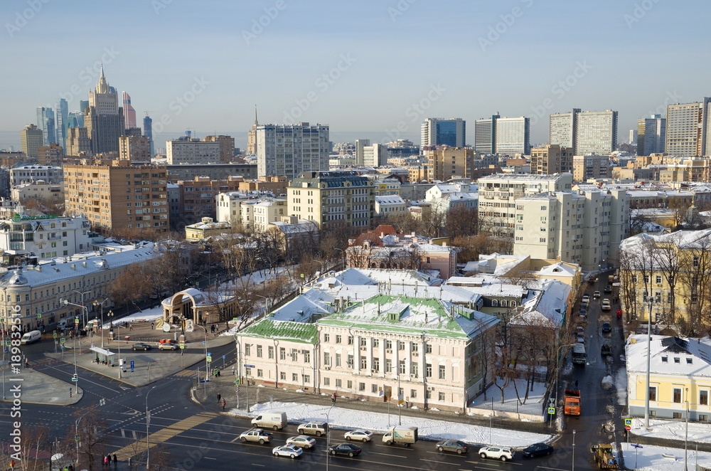 Moscow, Russia - January 25, 2018: View of Moscow in the winter from the observation deck of the Cathedral of Christ the Savior